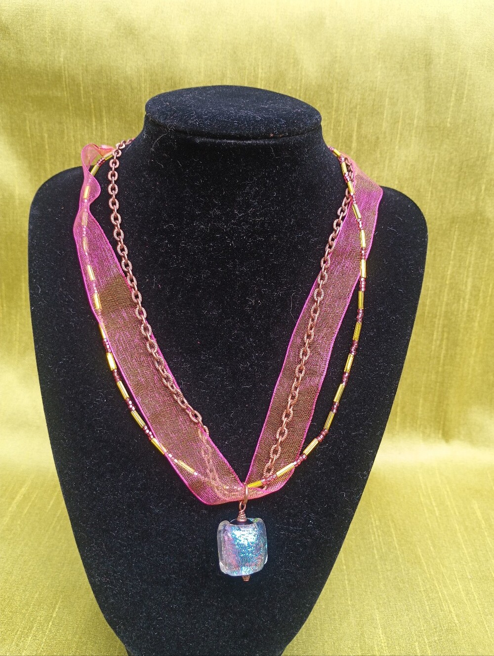 Handcrafted Pink Ribbon & Bead Pendant Necklace